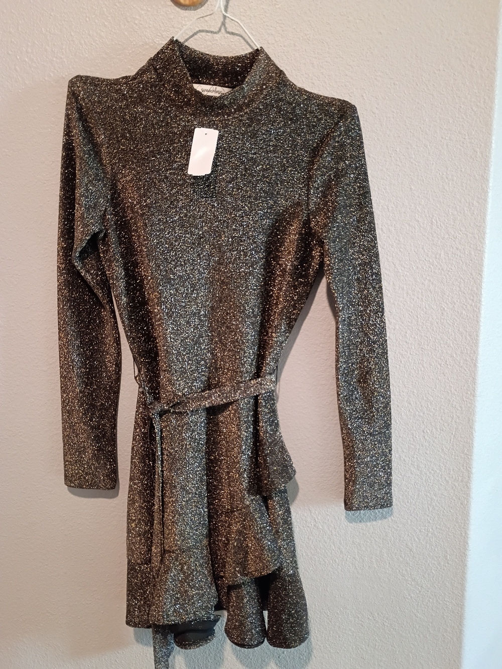 Speechless Sparkle Metallic Knit Mock-Neck Dress with Tie Waist - Size XS
